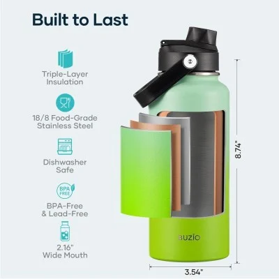 Buzio Duet Series Water Bottle with 2 Lids and Sleeve 1L - Gradient Green